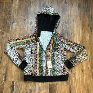 Anthropologie Raga Velour LongSleeved Printed Boho Hooded Zip Up Jacket